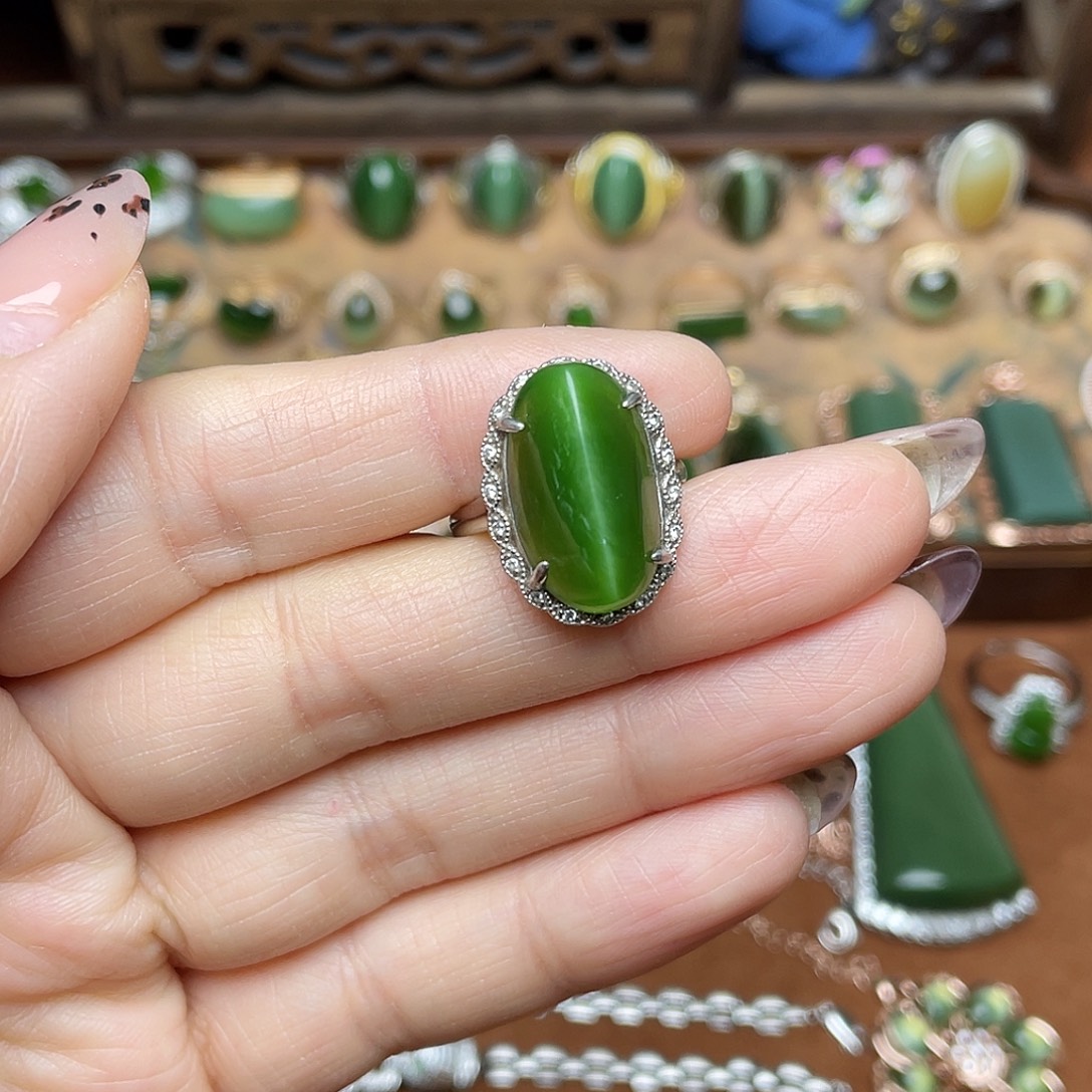 和田玉（碧玉）银S925镶嵌吊坠(不含链)戒指