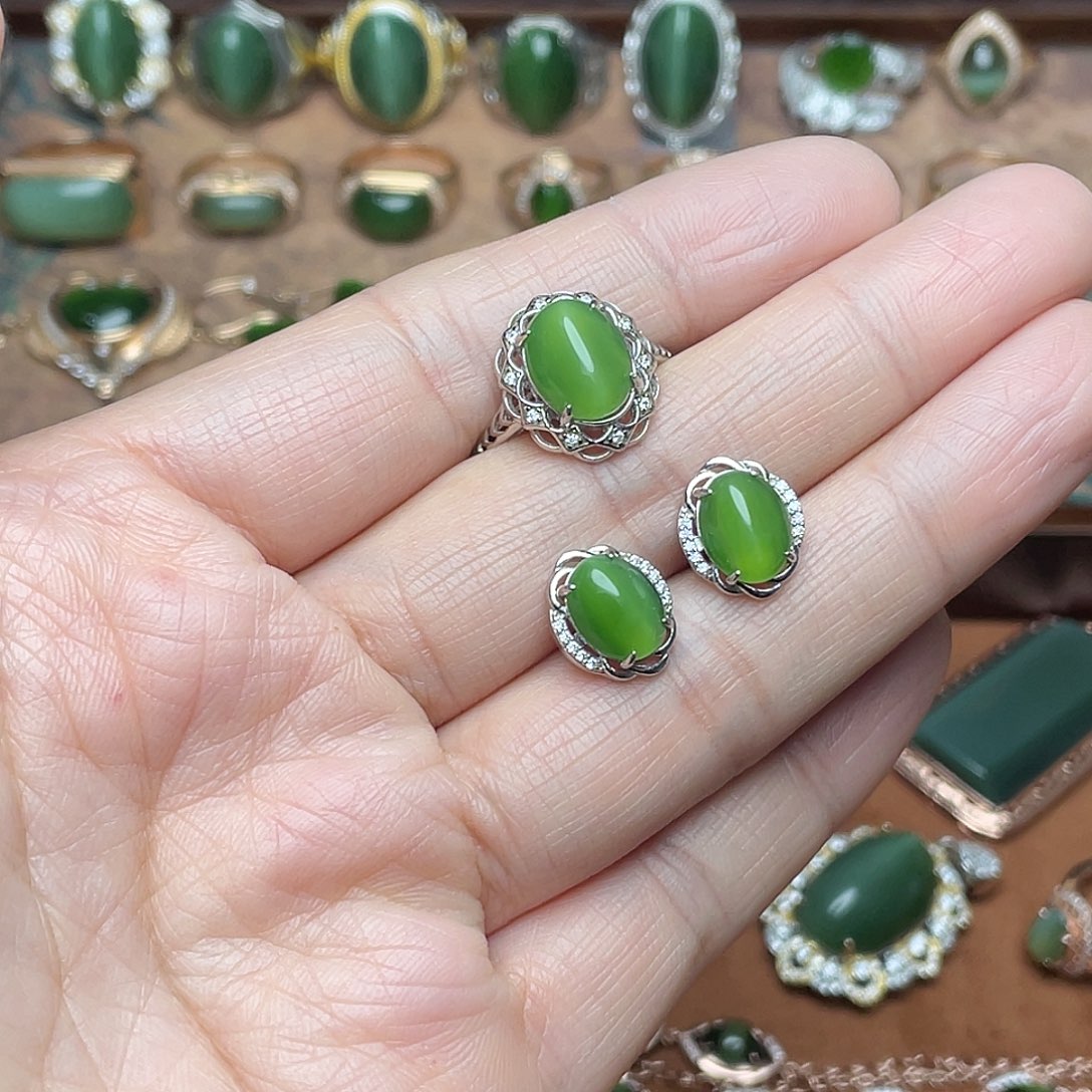 和田玉（碧玉）银S925镶嵌吊坠(不含链)两件套