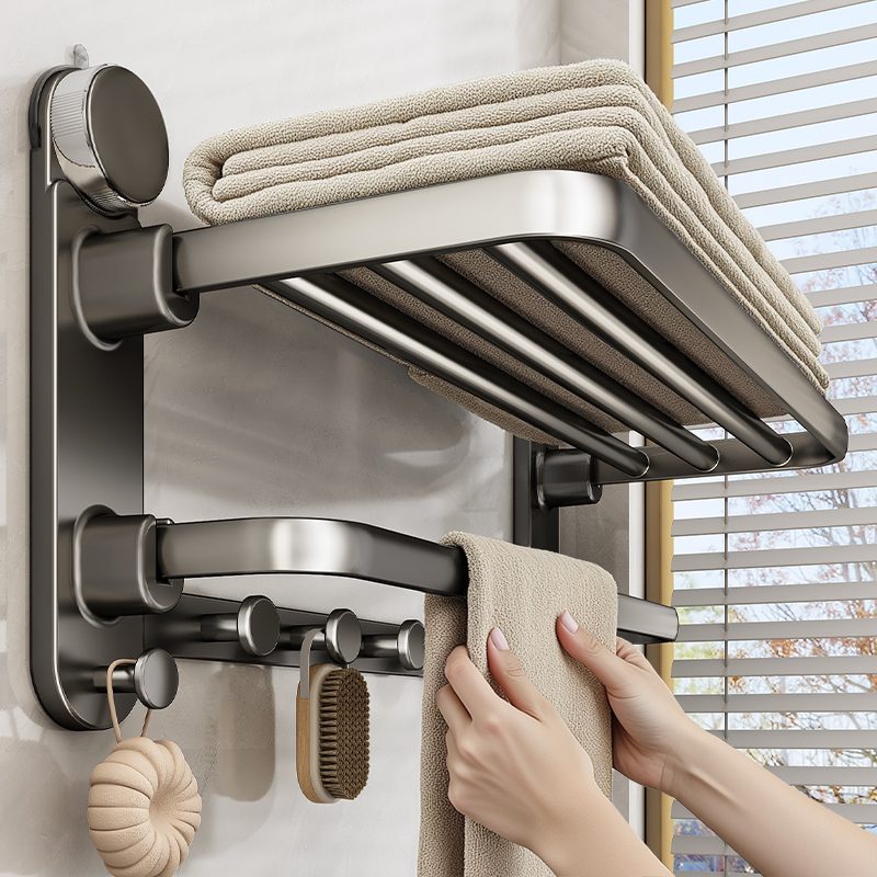 优勤吸盘毛巾架卫生间免打孔浴巾架子浴室置物架一体厕所收纳挂杆