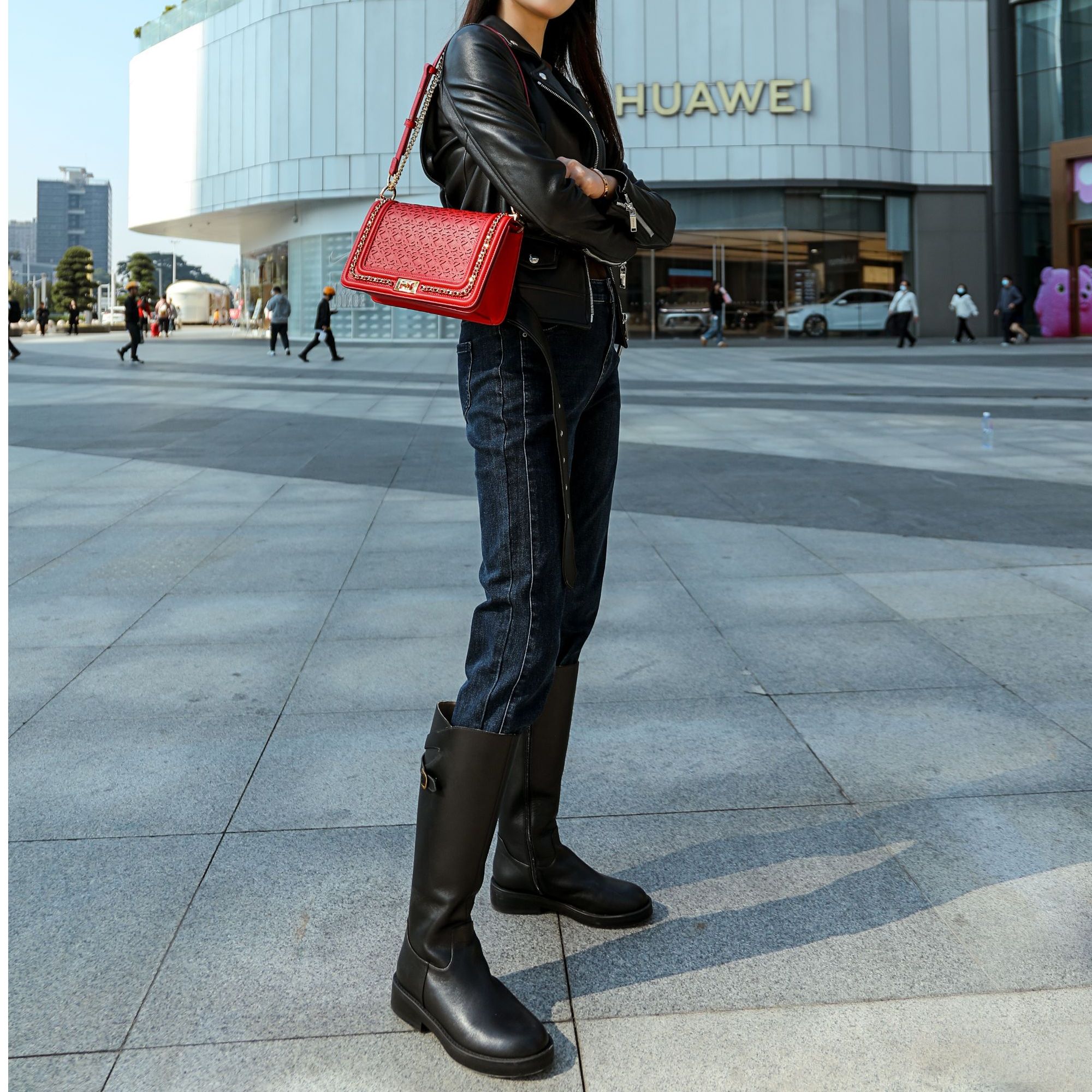 TUSCAN'S方扣粗跟女短靴低跟短筒真皮裸靴时尚拉链时装靴