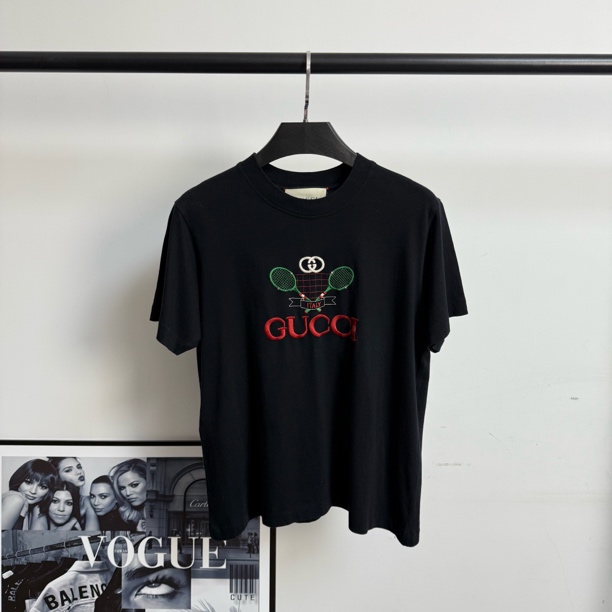 99新 GUCCI/古驰 黑色网球拍刺绣短袖/XS码