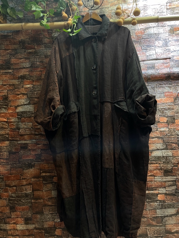 原创长款亚麻双层风衣复古拼接撞色宽松外套