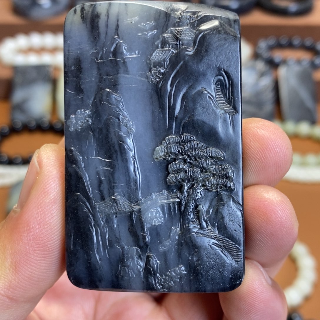 和田玉未镶嵌挂件新疆和田玉青花山水挂件牌子