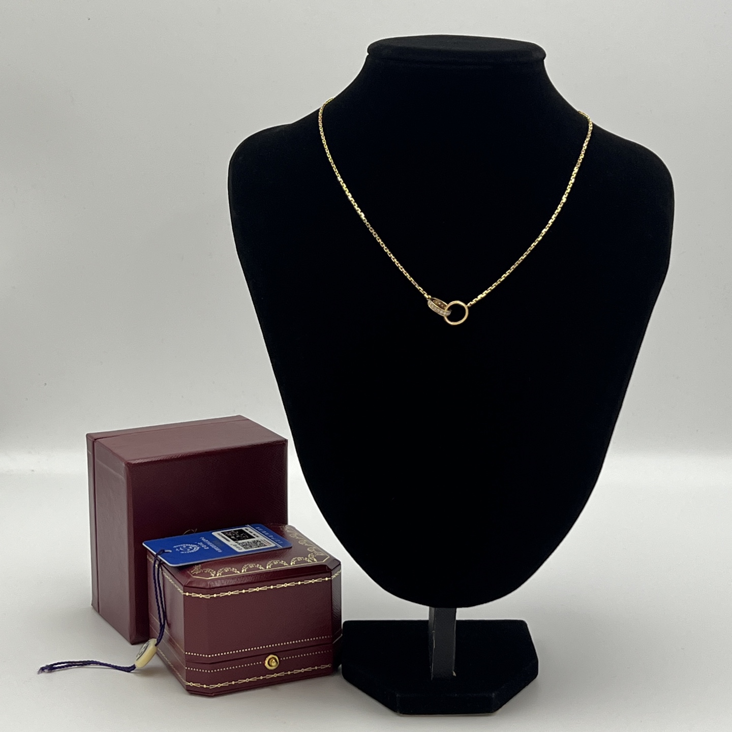 95新 Cartier/卡地亚 LOVE系列18K黄金双环半铺镶钻项链03509