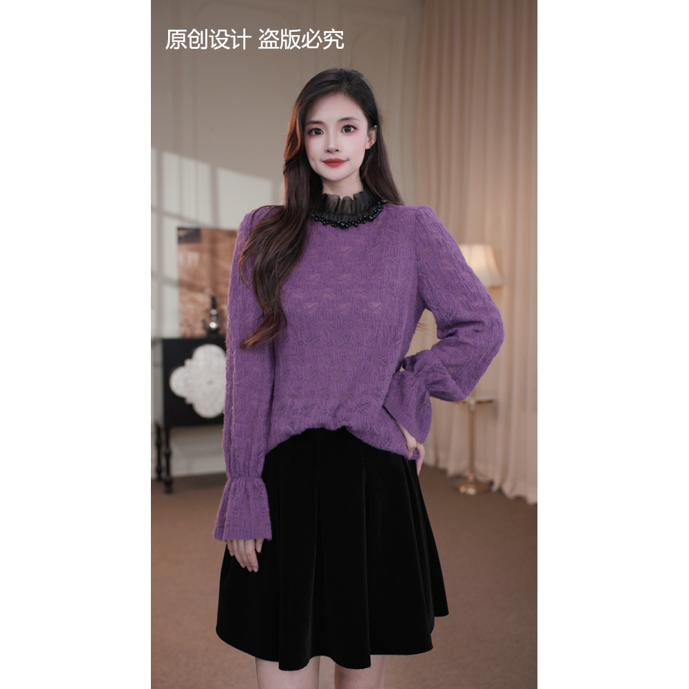 旷宁宁·温柔私语·秋冬装蕾丝长袖设计感宽松小衫上衣女装-