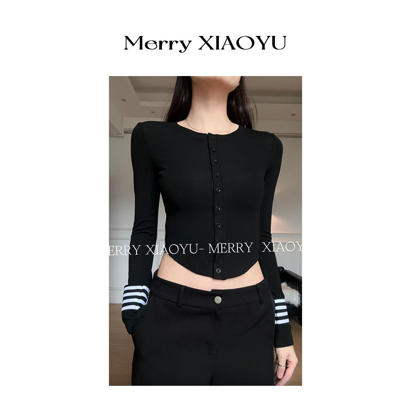 【小鱼】秋冬新款条纹拼接设计长袖修身显瘦百搭气质上衣打底衫