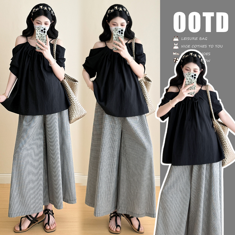 孕妇套装网红爆款花苞短袖一字肩吊带宽松上衣+猪鼻扣孕妇阔腿裤