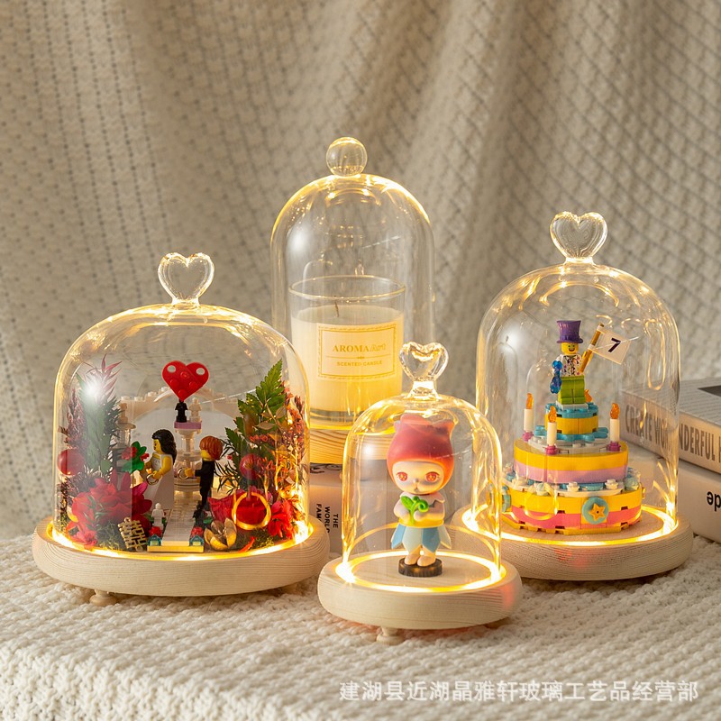 永生花发光玻璃罩乐高婚礼积木手办工艺品防尘罩夜灯底座带灯