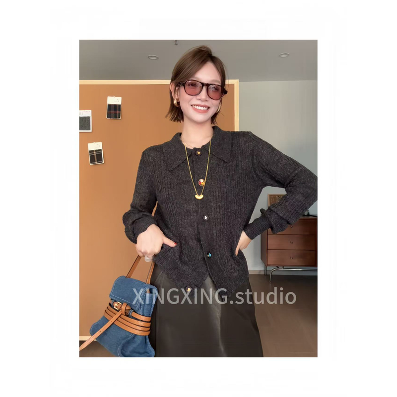 X.x.秋冬慵懒系短款小刺绣高领毛衣开衫休闲宽松针织上衣20222