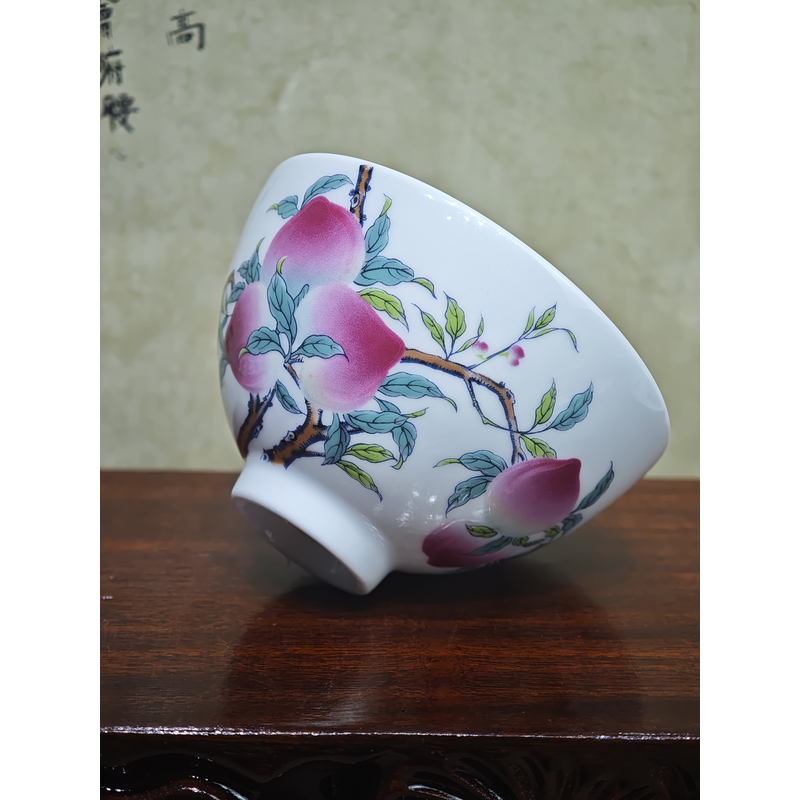 景德镇粉彩九桃五福茶杯喝茶专用主人杯单杯品茗杯大号寿桃鸡心杯