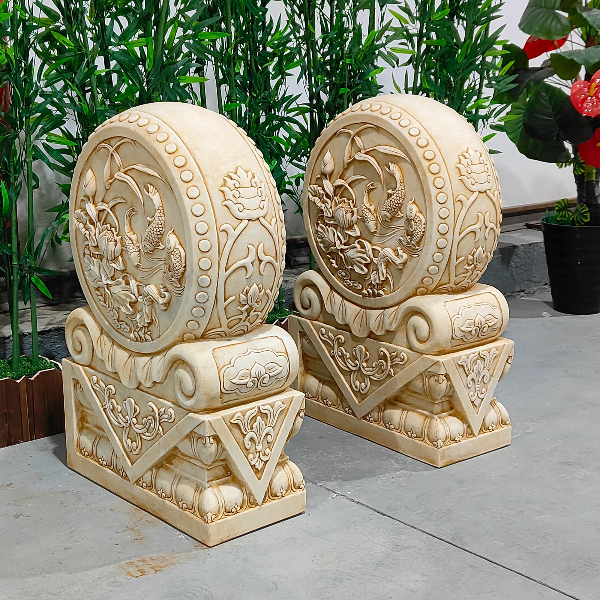 汉白玉缠枝莲荷花鲤鱼抱鼓石门前庭院落地摆件包邮不含卸车和摆放