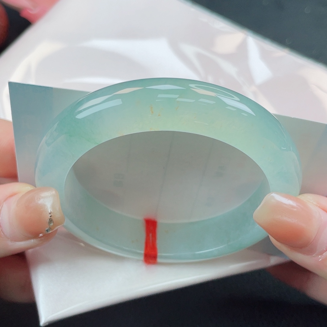 翡翠未镶嵌手镯55正圈冰晴绿带洒金