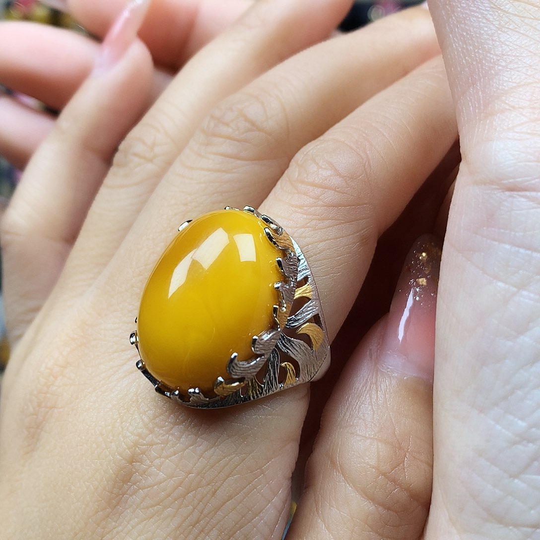 蜜蜡戒指银S925镶嵌戒指
