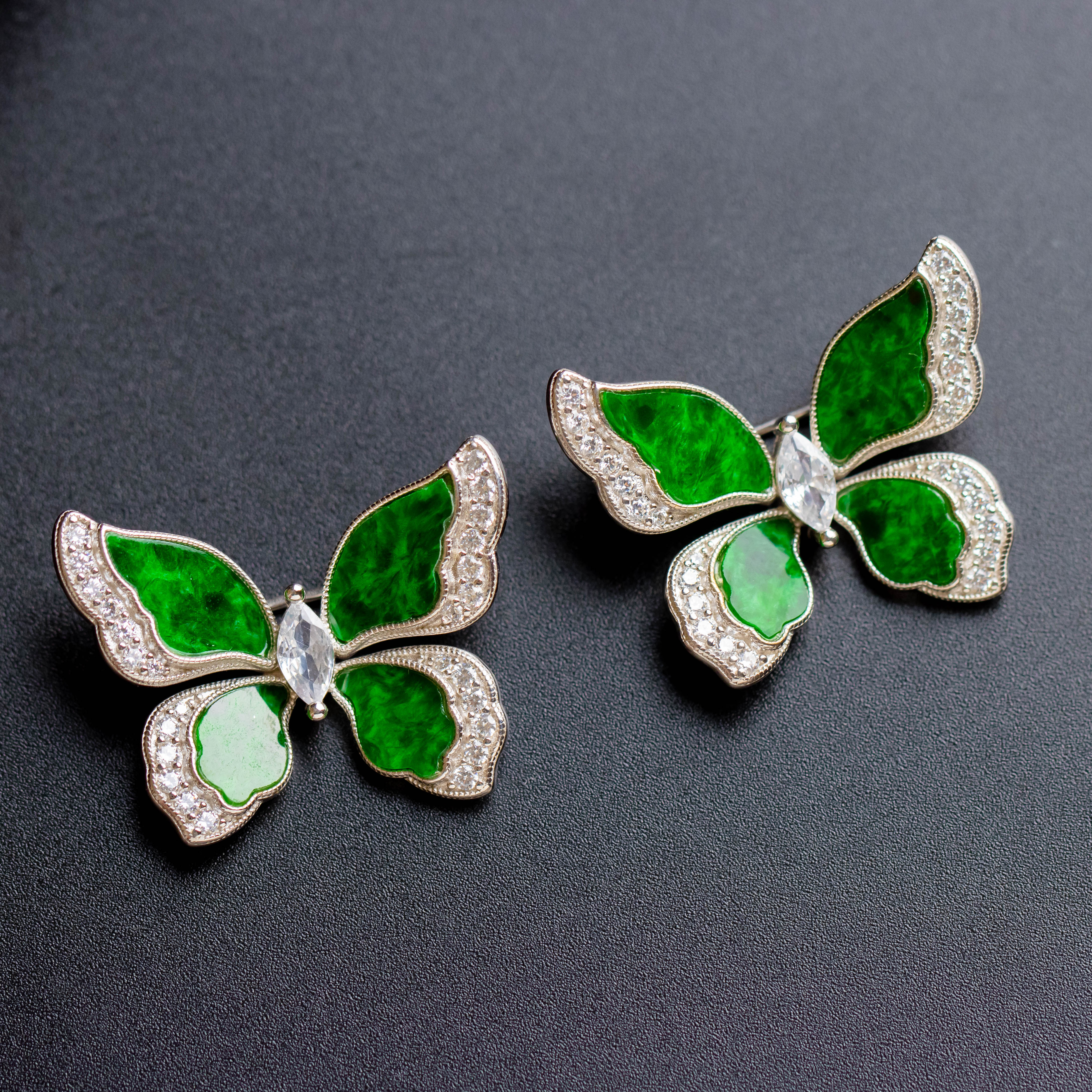 S925银素银镶嵌翡翠蝴蝶胸针（多样性发货 发其一）