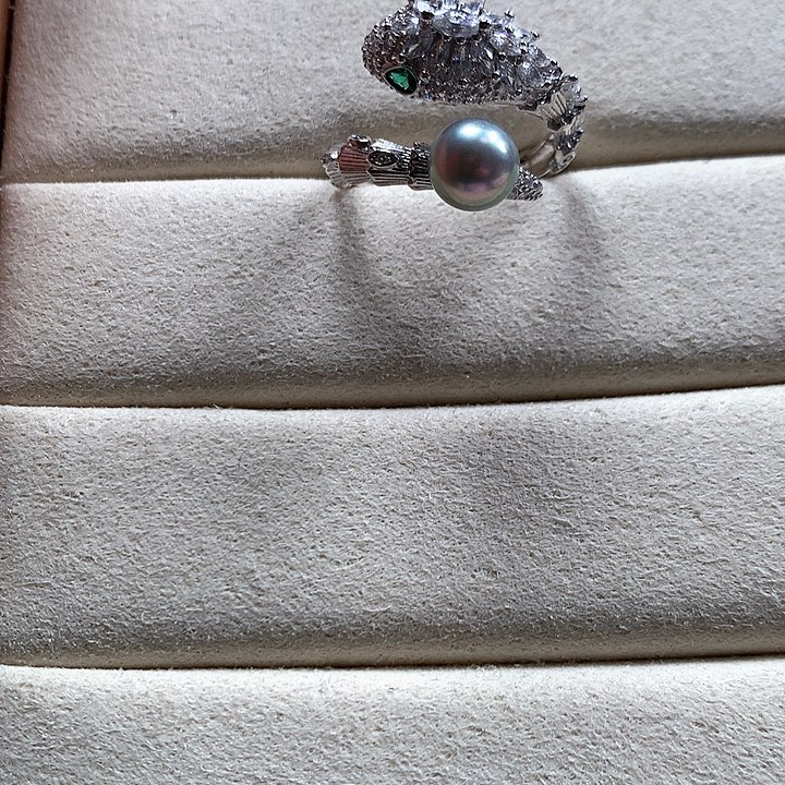 海水珍珠戒指银S925镶嵌蛇年戒指