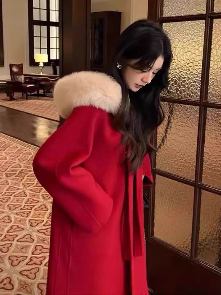 高级感毛领红色双面绒呢子大衣女秋冬季新款中长款小个子毛呢外套