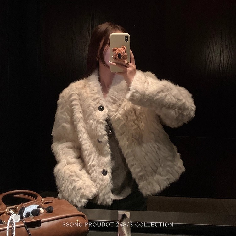 仿羊羔毛外套女2025冬毛毛外套韩系宽松短款皮毛一体外套