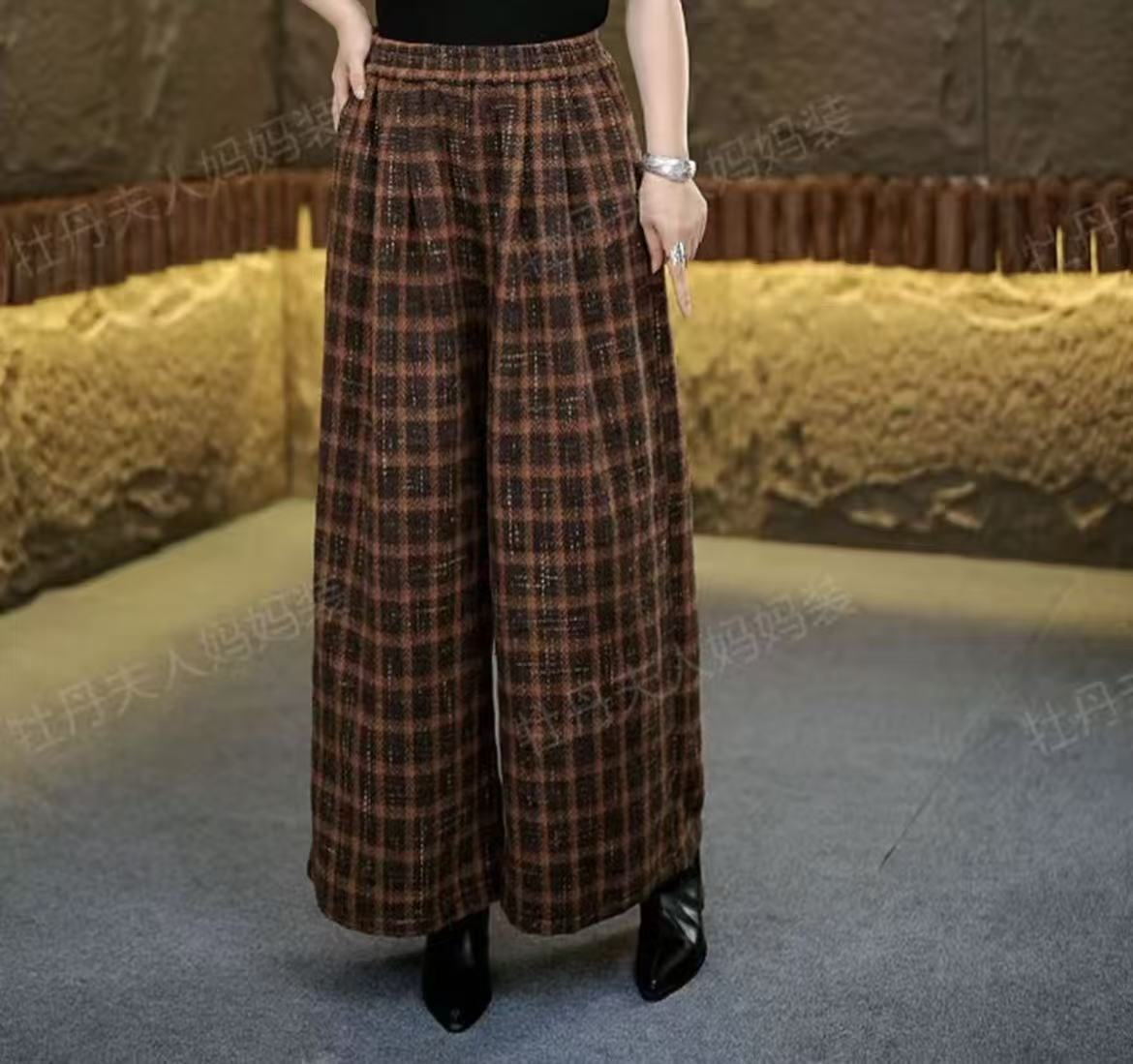 2025洋气休闲阔腿女裤秋新款格纹高腰百搭显瘦气质百搭