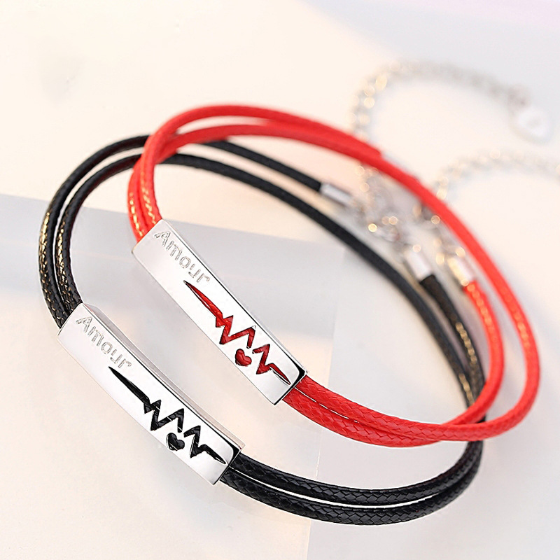 925银手链 925纯银情侣手链心电图字母amour 红绳手链本命年纯银 