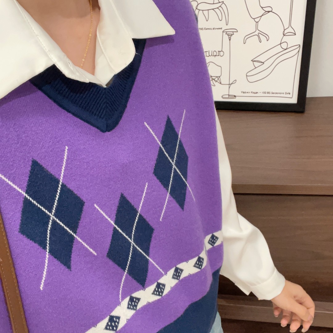 【菱形交叉提花紫色马甲】小香风时尚圆领显瘦百搭长袖针织衫