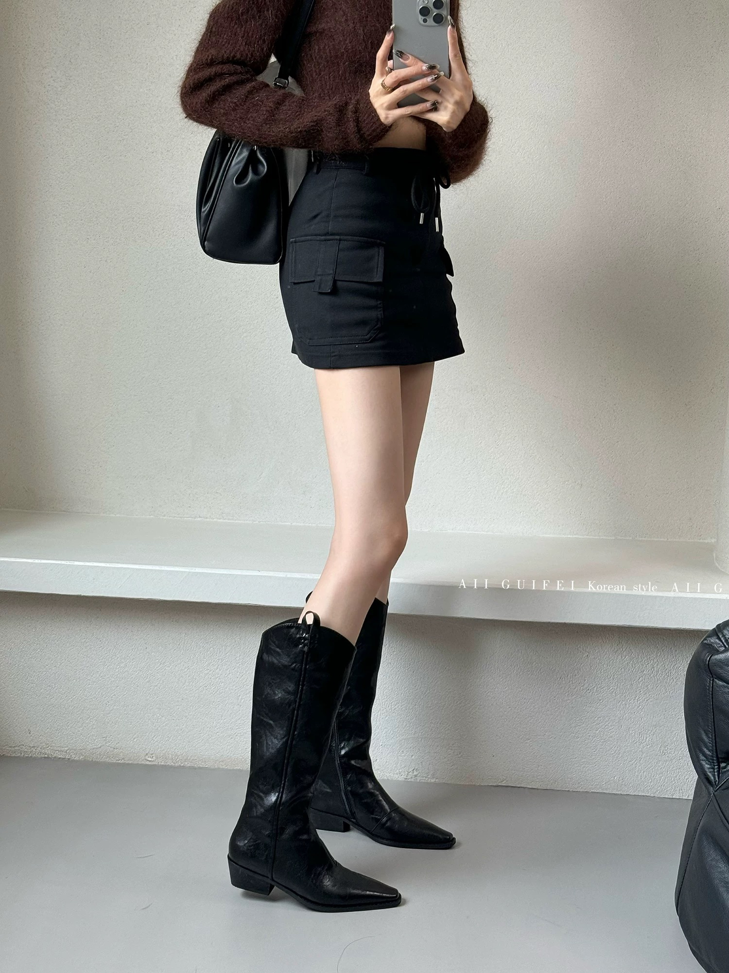 女士长筒女靴骑士尖头粗跟时装靴冬季时尚高跟女鞋
