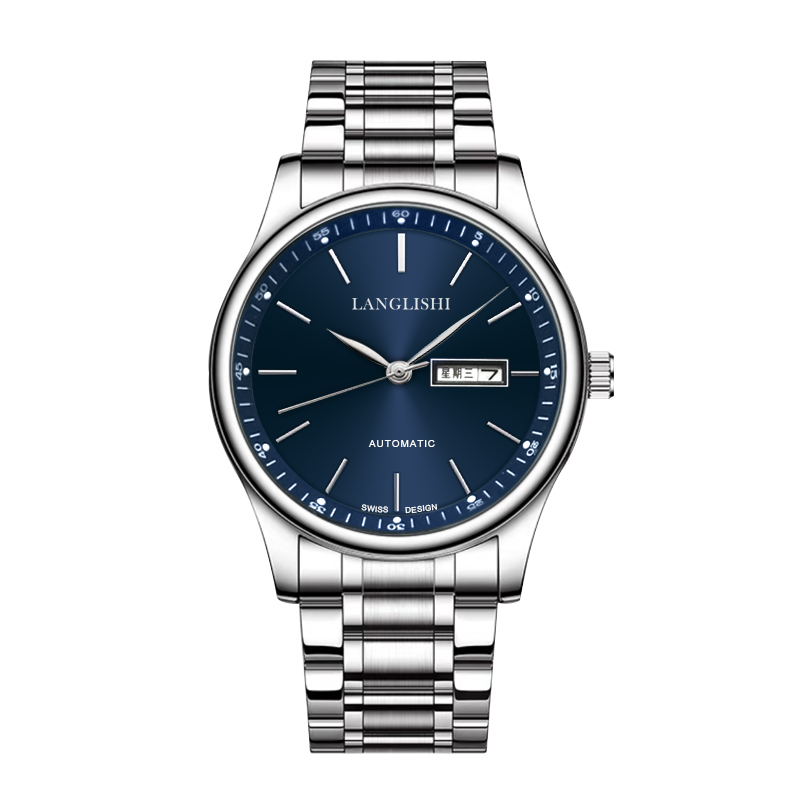 【云仓直发】男士经典蓝盘数字夜光钢带日历蓝针手表商务腕表LL021