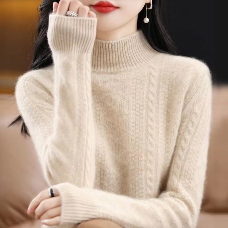 高档加厚纯100羊绒衫女款半高领气质百搭慵懒宽松