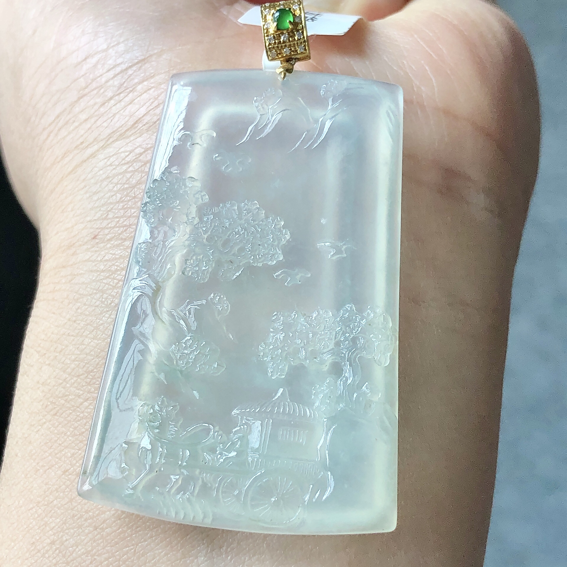 缅甸天然A货翡翠18k金镶嵌老坑冰种山水牌吊坠尺寸54/31/4.5