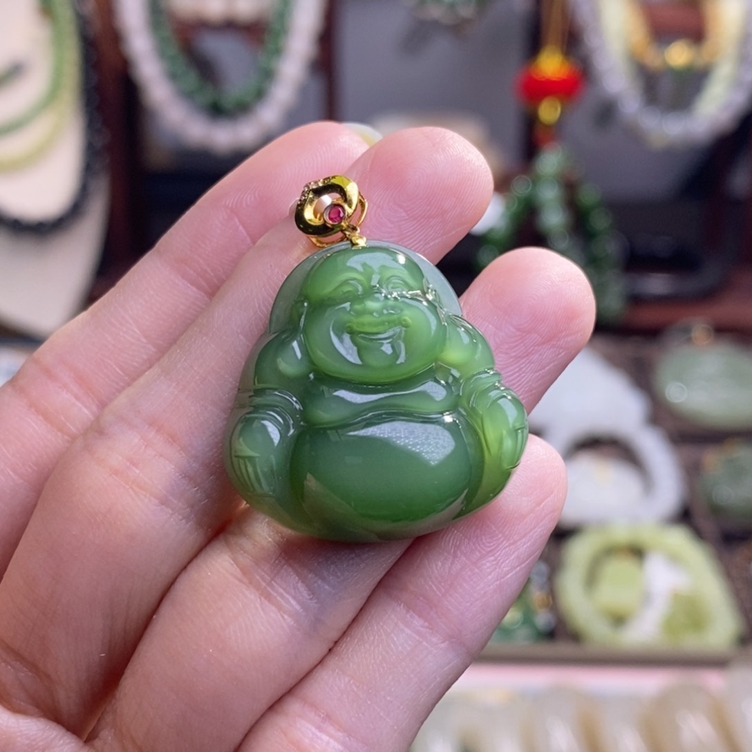 和田玉碧玉金镶绿猫眼佛公吊坠未镶嵌