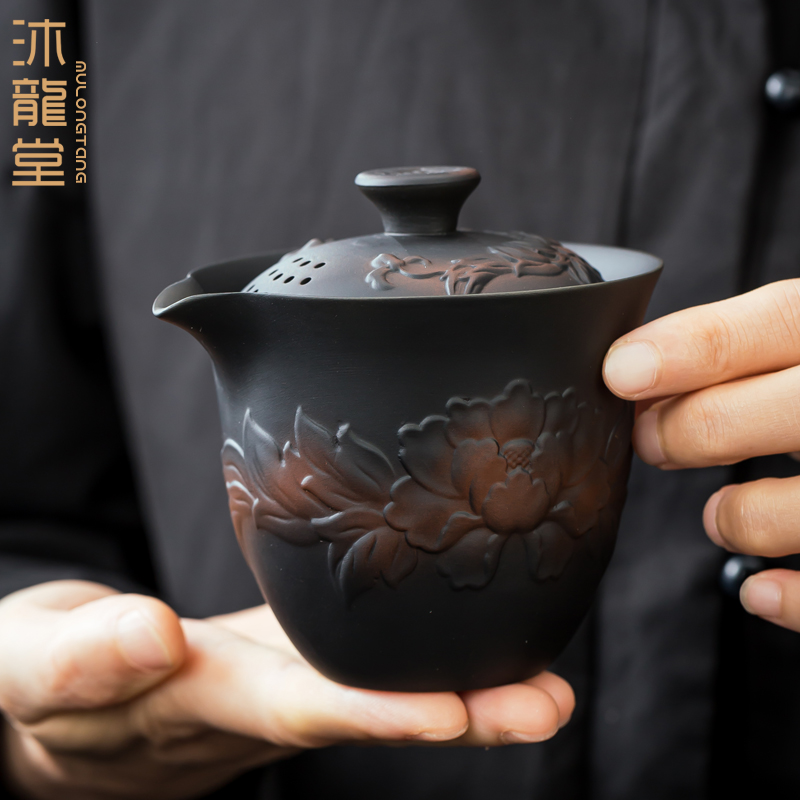 紫陶茶壶单个泡茶壶陶瓷功夫茶具中式家用紫砂手抓壶复古跳刀单壶