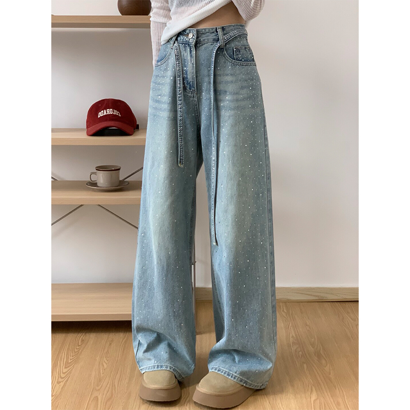 8627高腰抽绳烫钻阔腿牛仔裤女夏季新款休闲显瘦垂感拖地直筒长裤