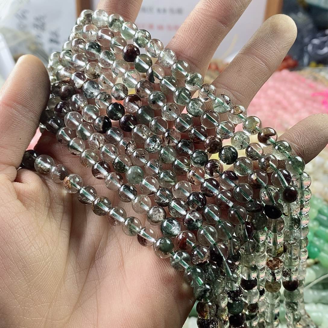 玛瑙/玉髓珠宝半成品未镶嵌一条天然6.5mm绿幽灵水晶