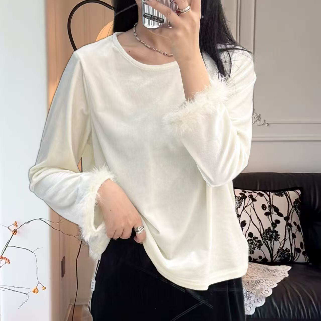 新中式女打底衫宽松型常规圆领长袖