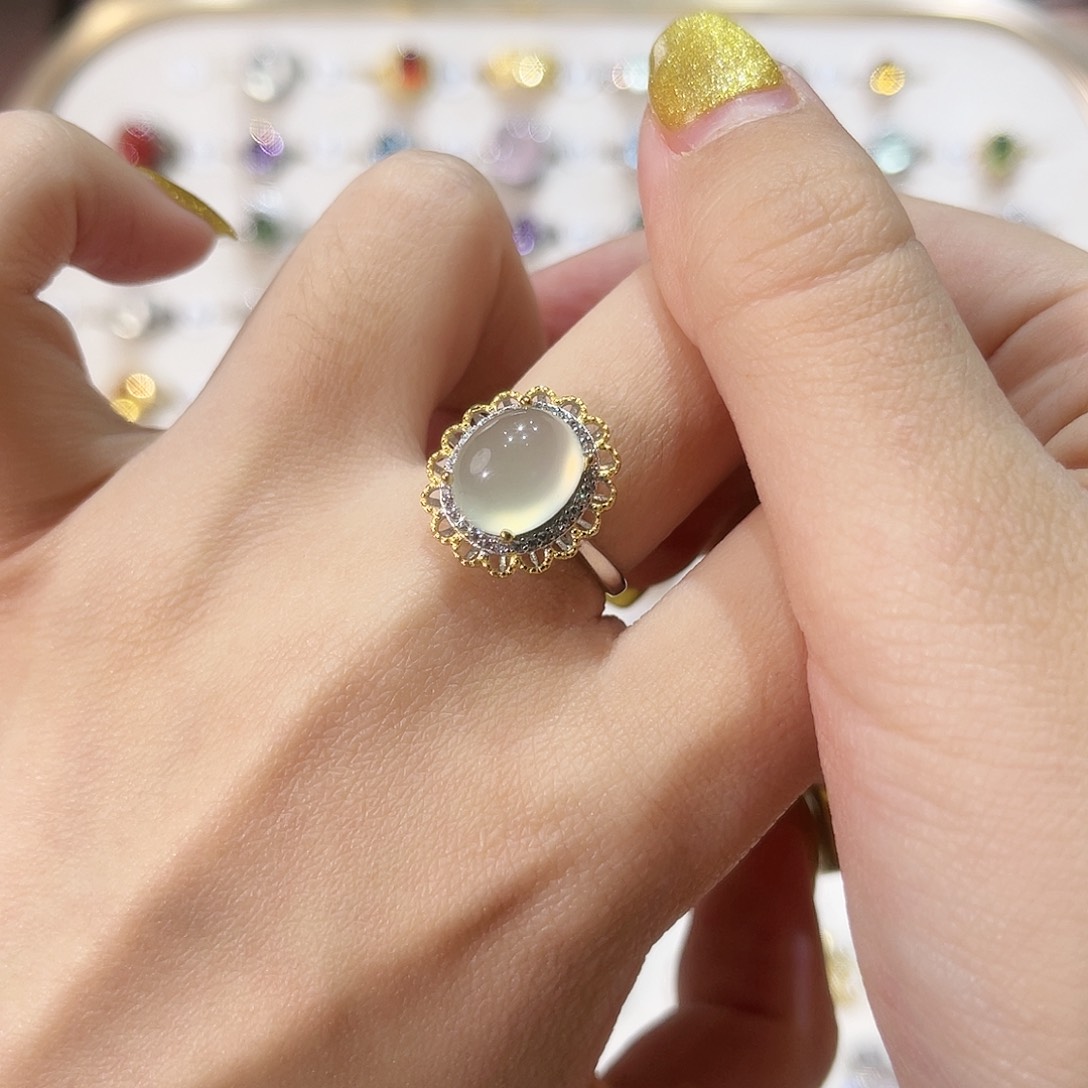 蛇纹石玉戒指银S925镶嵌