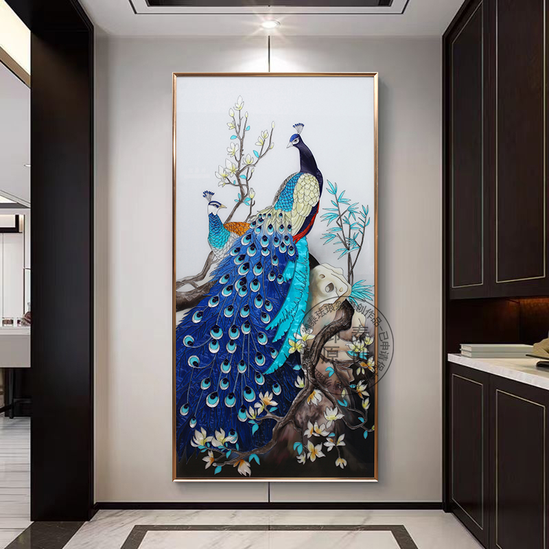 现代新中式手绘珐琅彩装饰画动物孔雀入户玄关走廊过道挂画竖版