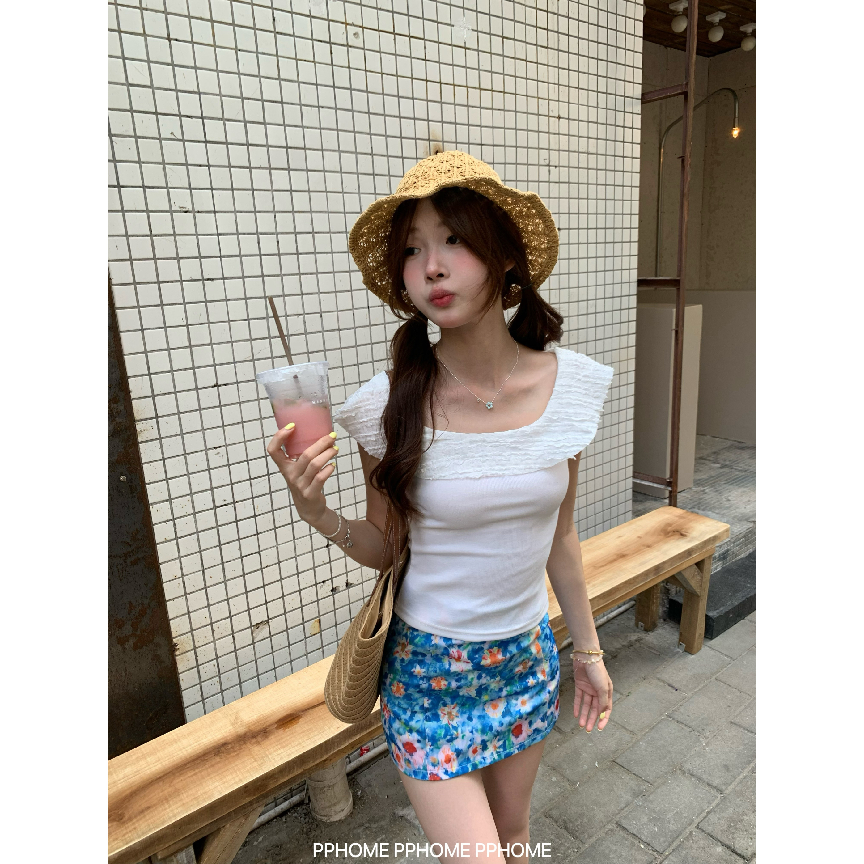 PPHOME自制~波浪木耳边圆领白色T恤女夏修身显瘦小众设计短袖上衣