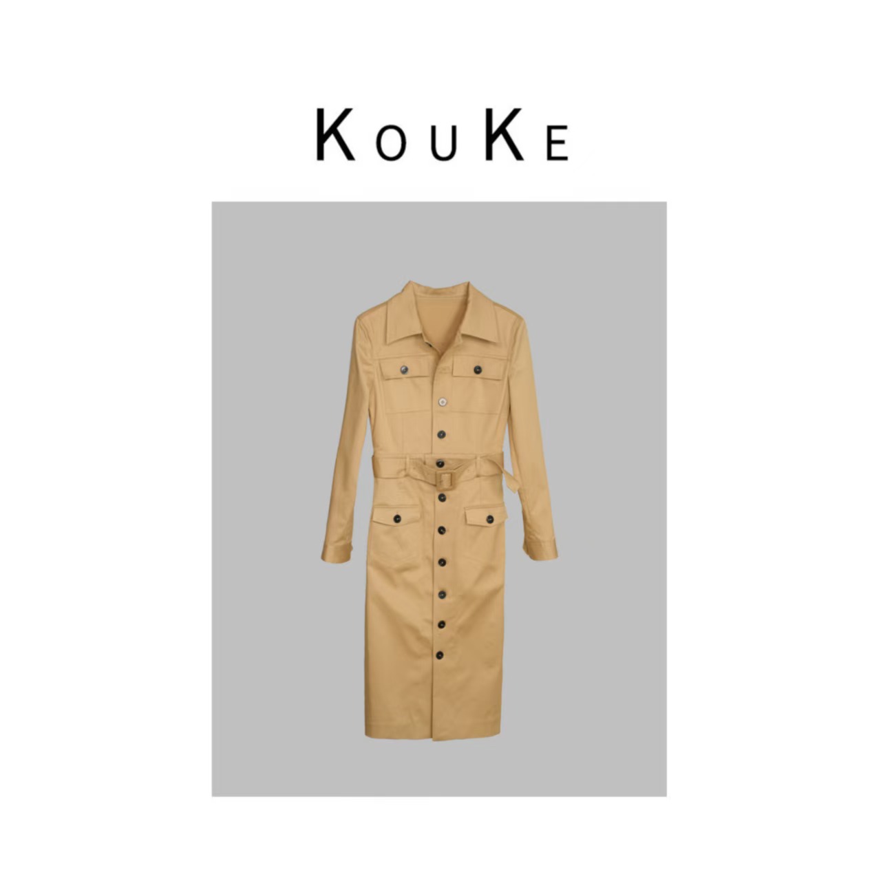 kou ke2025新款气质时尚中长款长袖连排扣门襟风衣