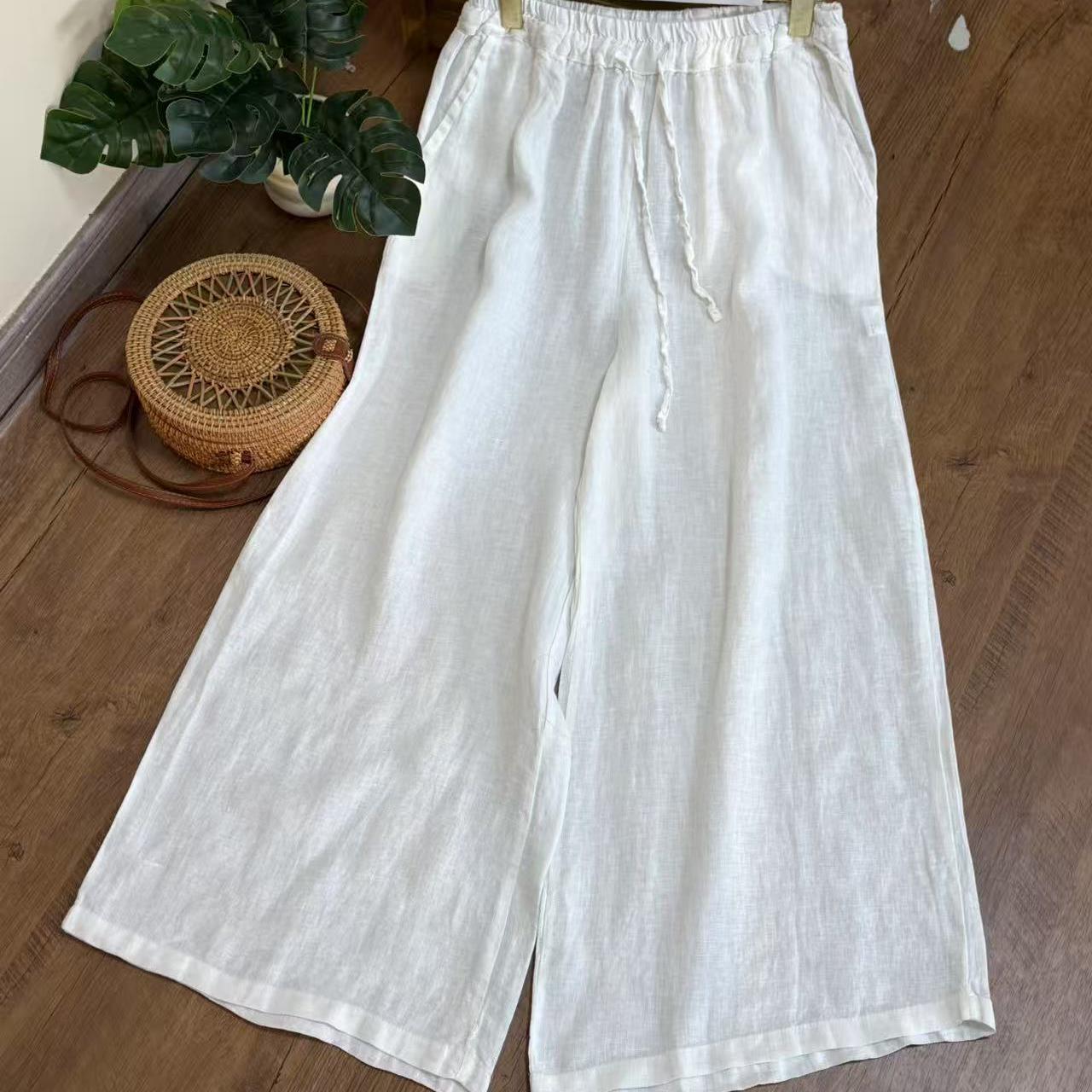 【云目悠悠】春夏季汉麻宽松纯色松紧腰显瘦阔腿裤-2025334