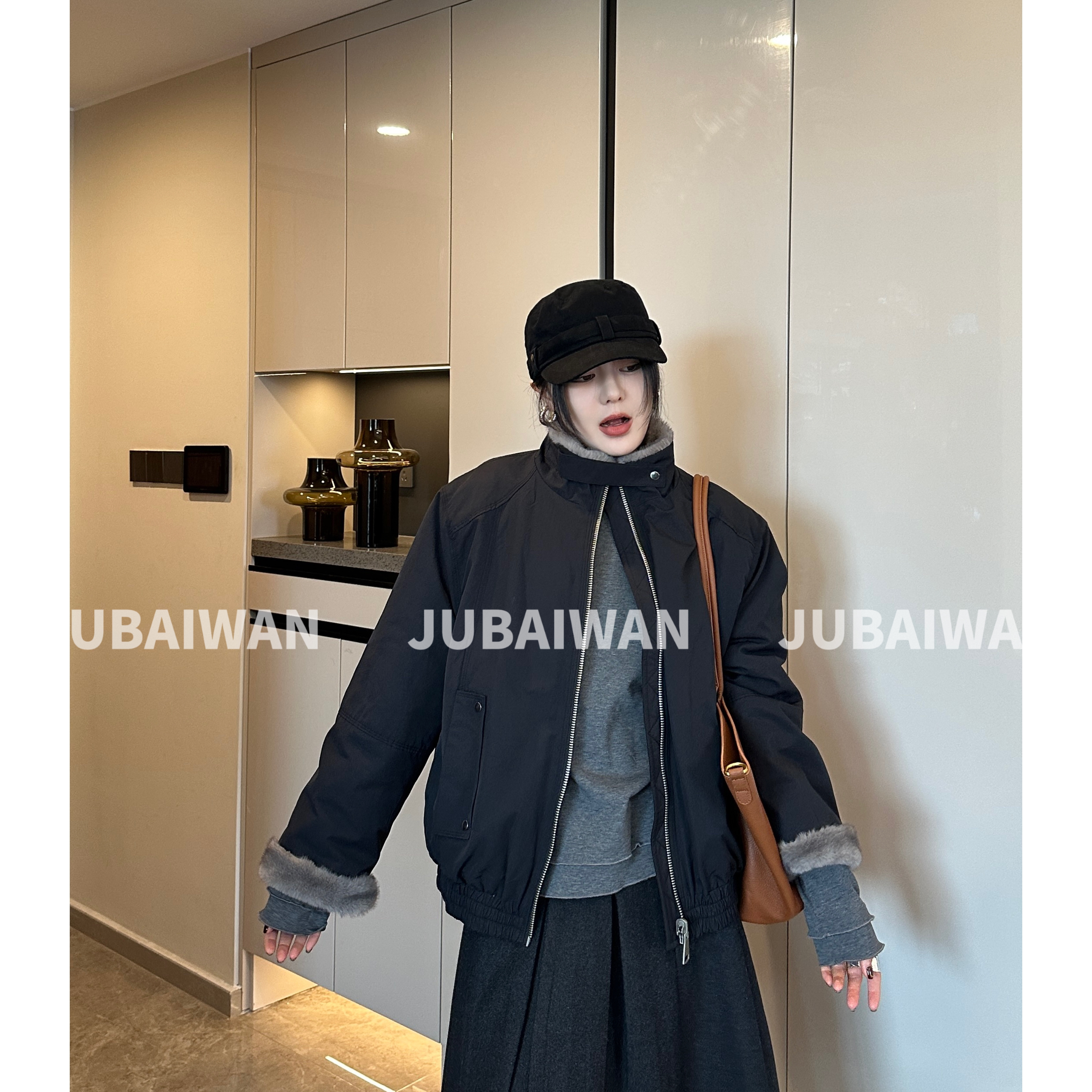 橘老板双面可穿环保毛立领夹克外套短款外套