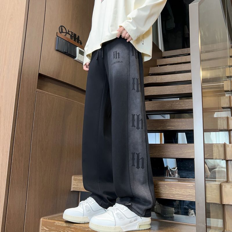 男生秋冬季新款加绒加厚水洗卫裤青少年学生潮流帅气休闲直筒长裤