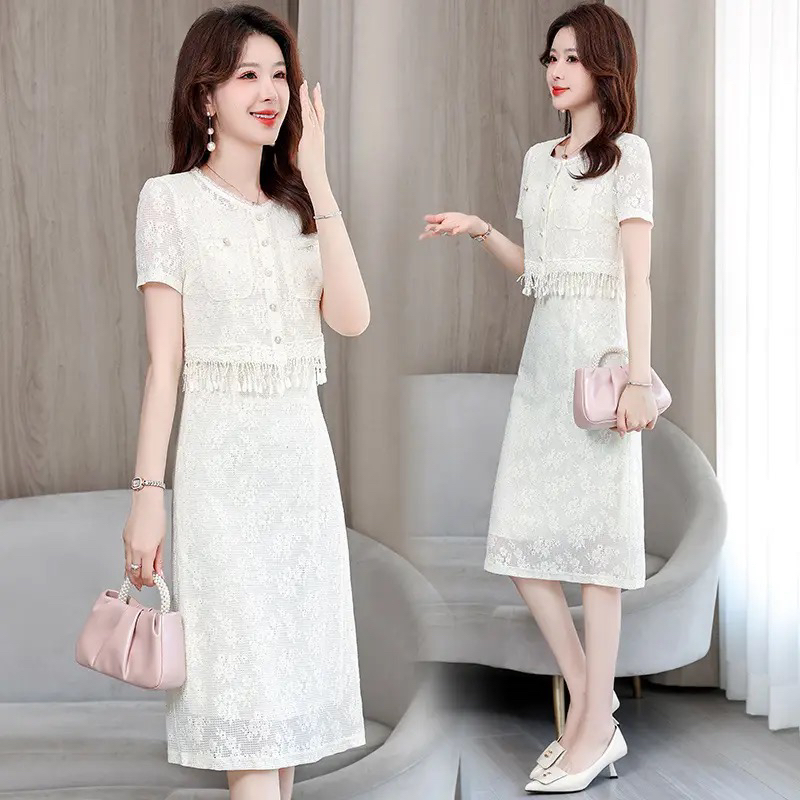夏装流苏假两件白色蕾丝连衣裙女夏2025新款今年流行爆款显瘦裙子