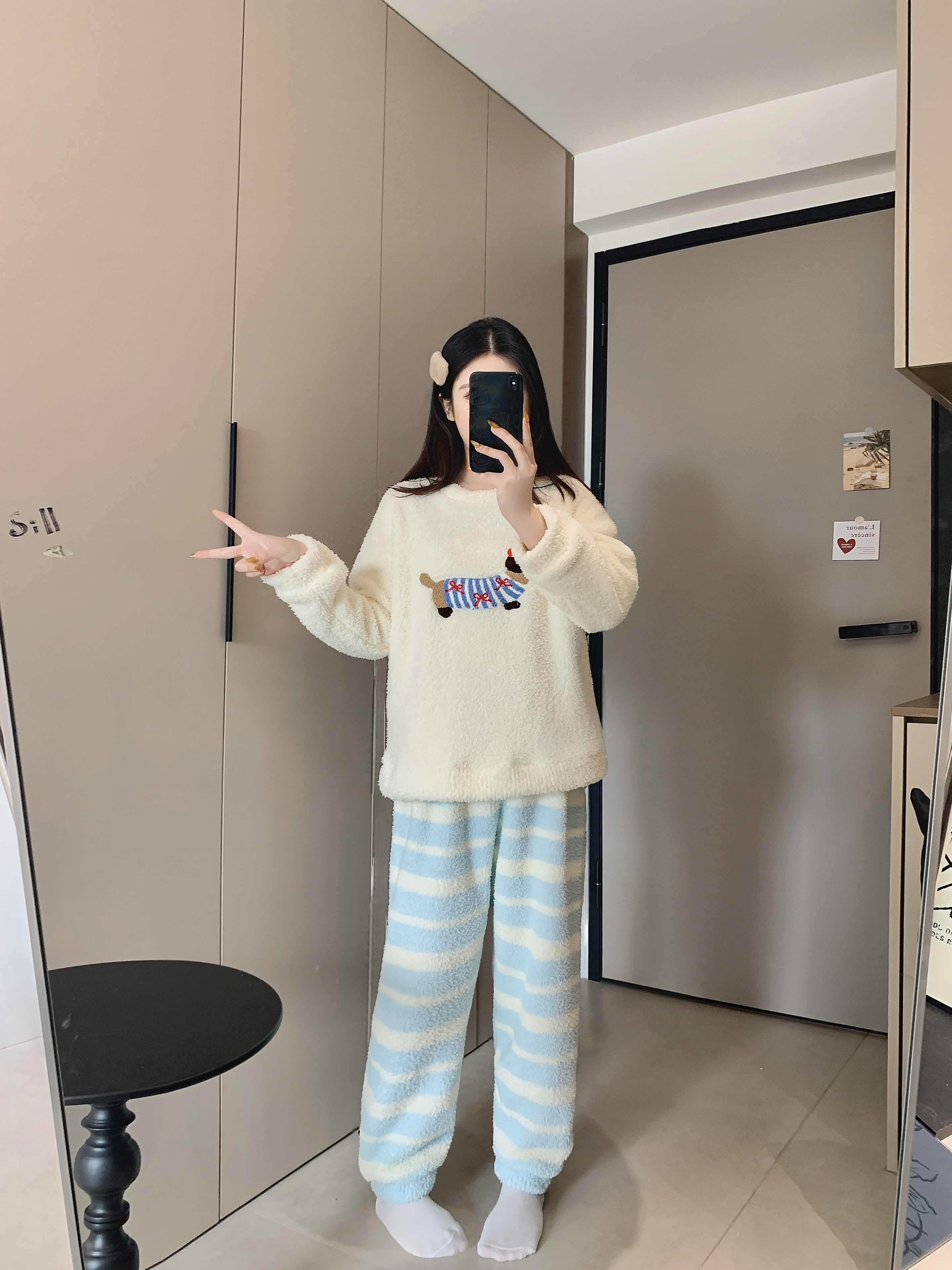 【腊肠狗】半边绒加绒加厚秋冬季睡衣女宽松保暖卡通甜美家居服套装