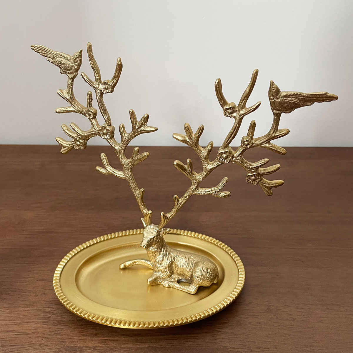 复古轻奢创意黄铜喜上枝头鹿首饰架玄关钥匙收纳盘装饰摆件