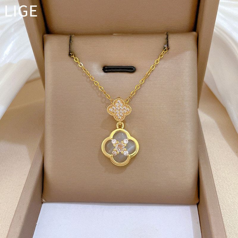 钛钢锆石项链 【钛钢】猫眼幸运草轻奢风气质华丽满钻项链女百