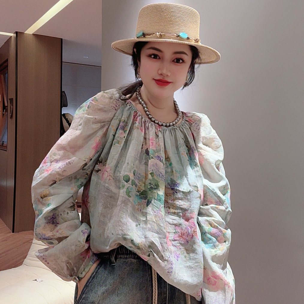 Chouduoduo“蔚蓝天空”夏季女款法式小众印花设计感宽松小衫