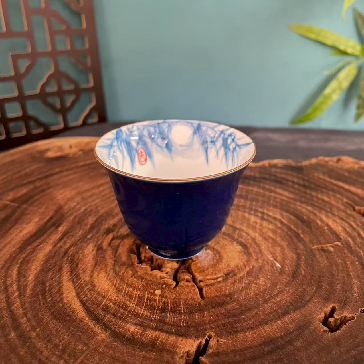 纯手绘霁蓝竹子70ml美人杯