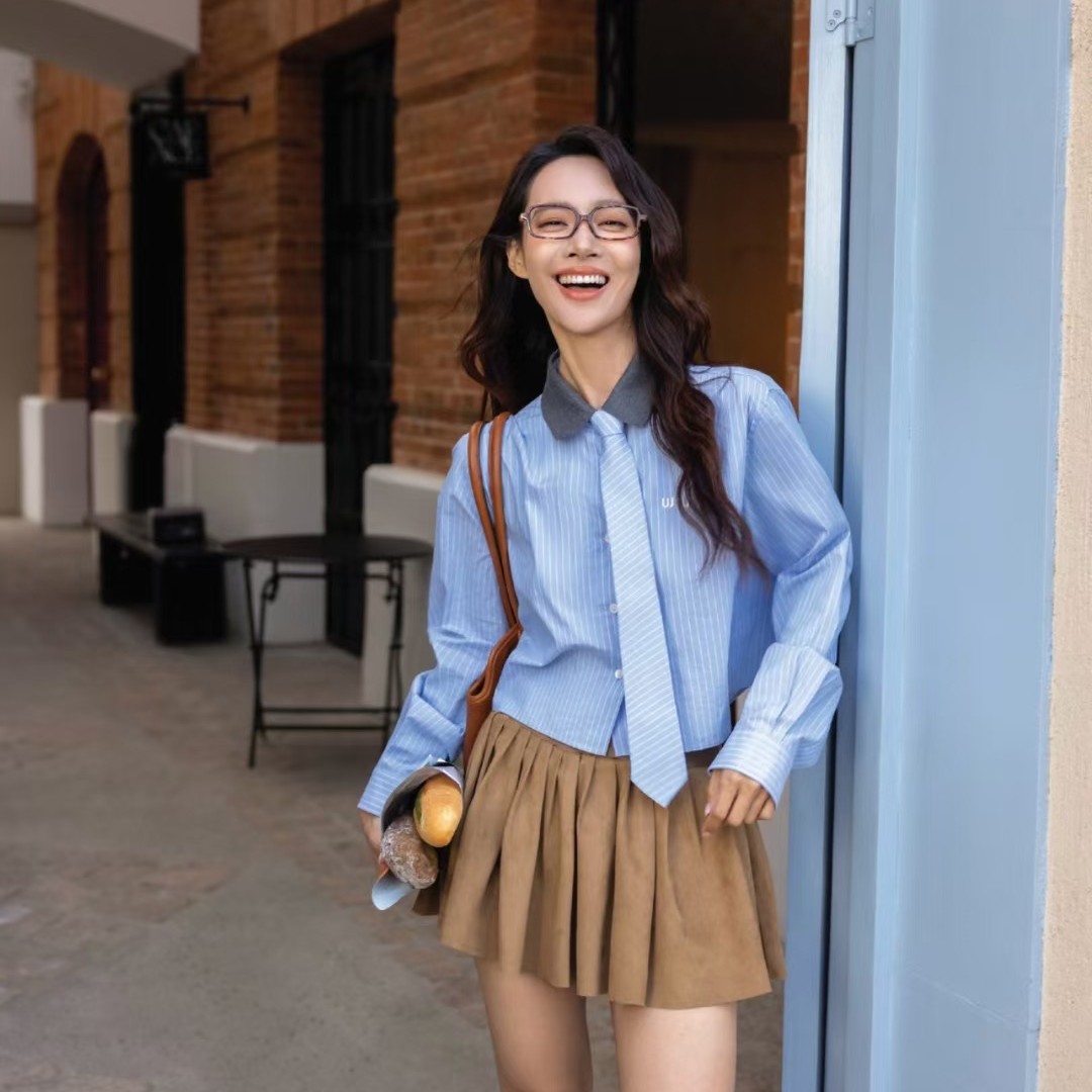 WIWH法式学院风翻领条纹短款衬衫上衣