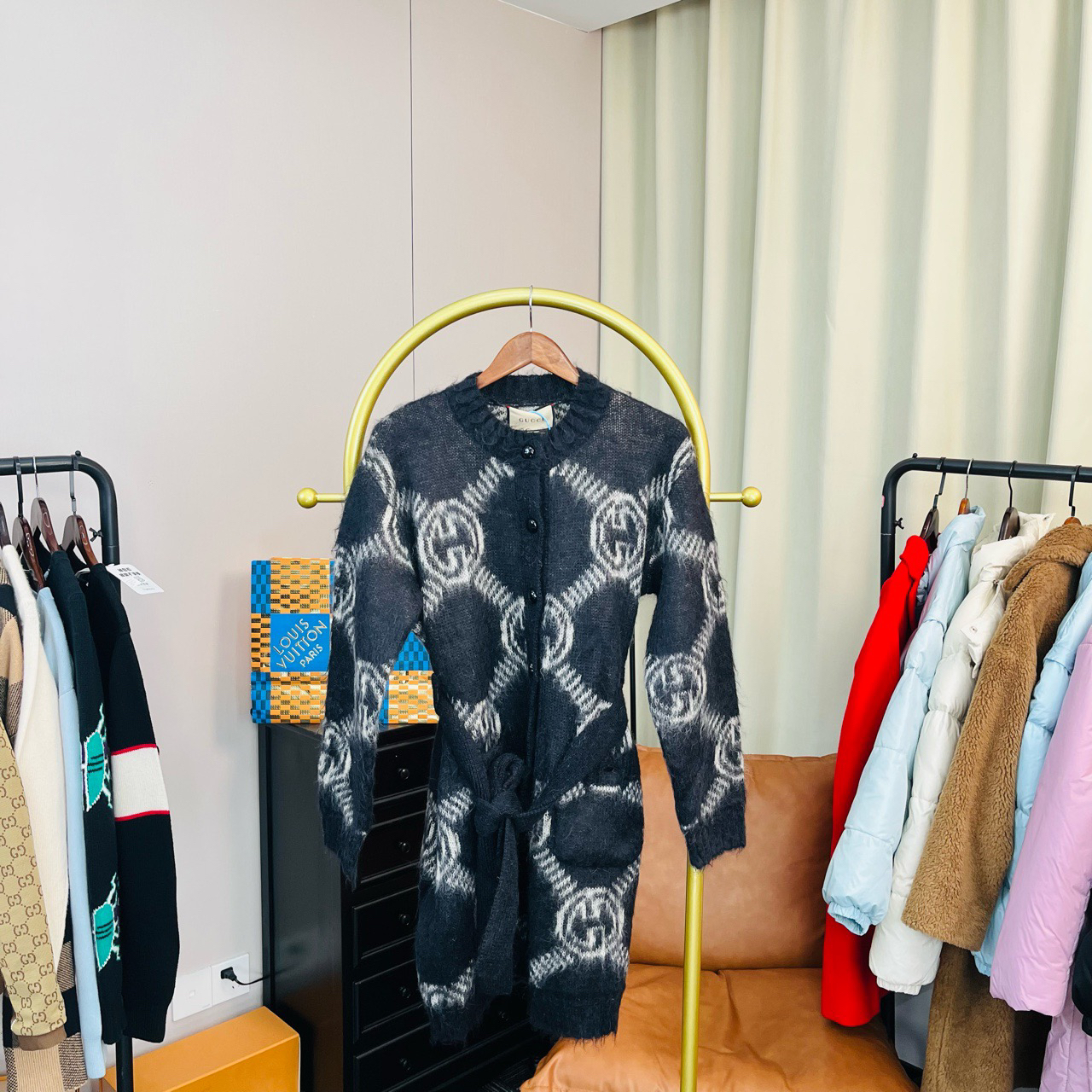 99新 GUCCI/古驰 中长款马海毛满Logo针织开衫外套 s码 99新