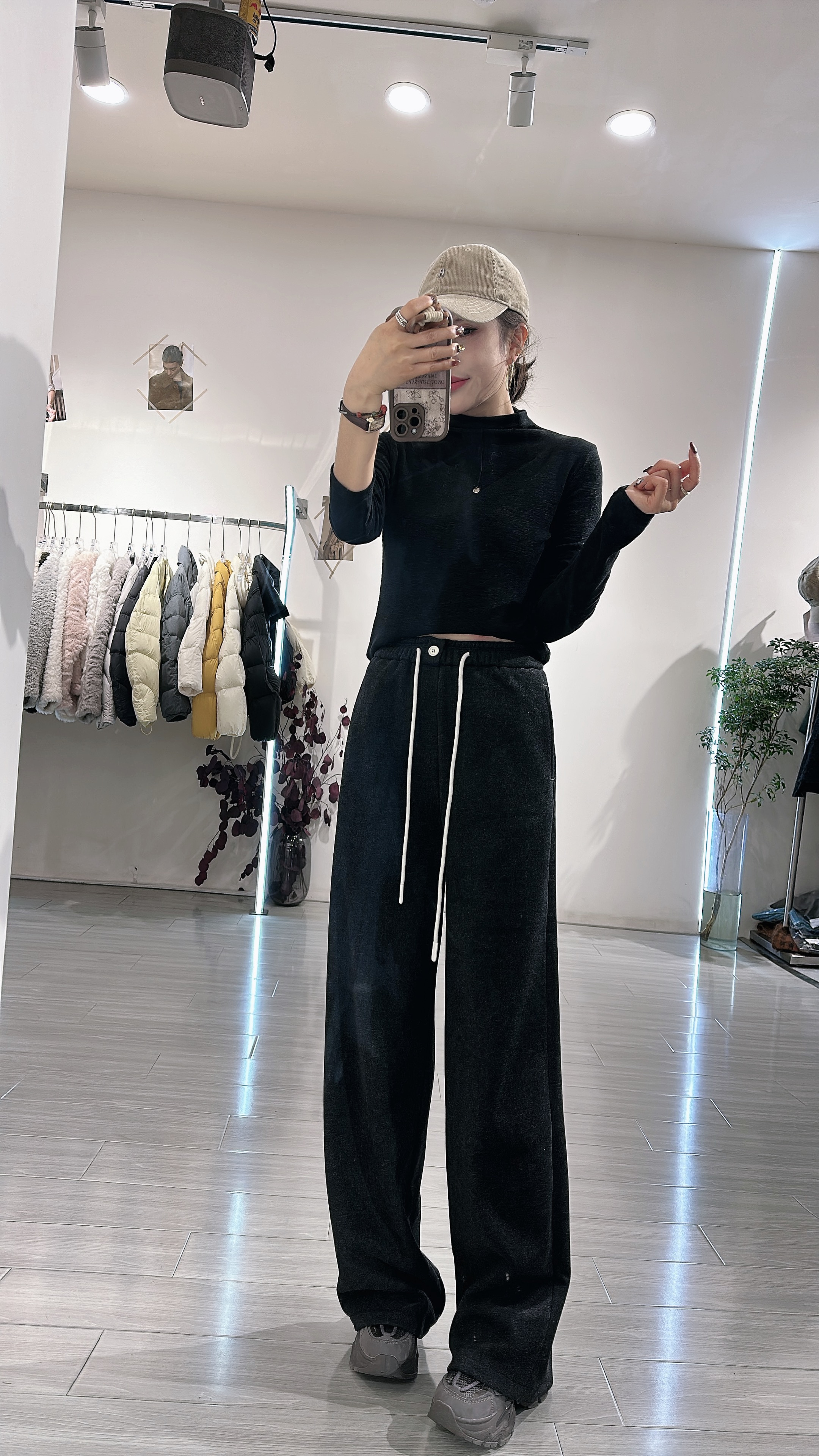 恰逢景梅子自留款冬款裤显瘦高腰加绒加厚保暖松紧腰抽绳小直筒裤