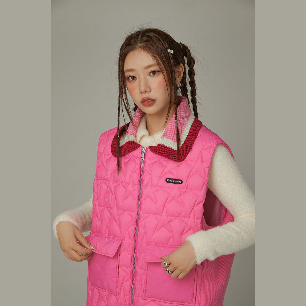 014J【金拐子专属】CHUU针织翻领拼接90鸭绒星星绗缝羽绒服-F